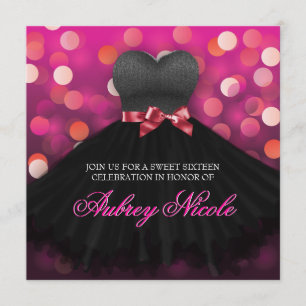 Rosa Sweet sixteen Black Dress Birthday Inbjudan