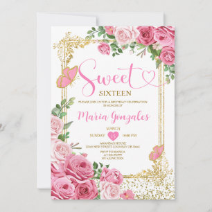 Rosa Sweet sixteen Guld 16:e Födelsedagsfesten för Inbjudningar