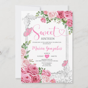 Rosa Sweet sixteen Silver 16:e Födelsedagsfesten f Inbjudningar