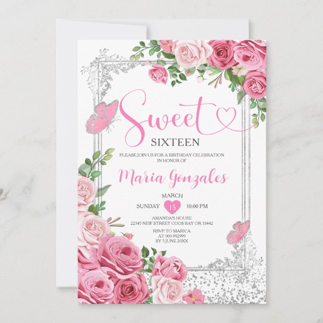 Rosa Sweet sixteen Silver 16:e Födelsedagsfesten f Inbjudningar (Framsida)
