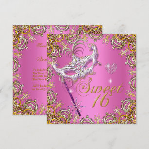 Rosa Sweet Sixteen Sweet 16 Maskerad Guld Inbjudningar