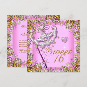 Rosa Sweet Sixteen Sweet 16 Maskerad Guld Inbjudningar