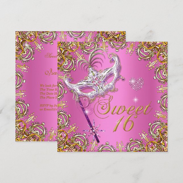 Rosa Sweet sixteen Sweet 16 Masqueraad Guld Inbjudningar (Fram/baksida)