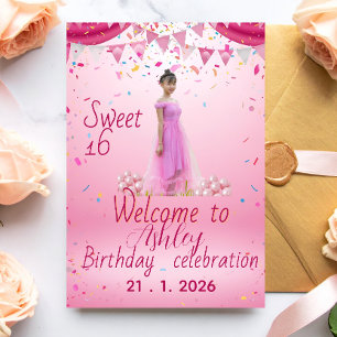 Rosa Sweet Sixteen välkomstskylt, foto Inbjudan Vykort