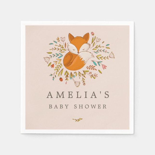Rosa Sweet Woodland Fox Baby Shower Napkin Pappersservett (Framsidan)