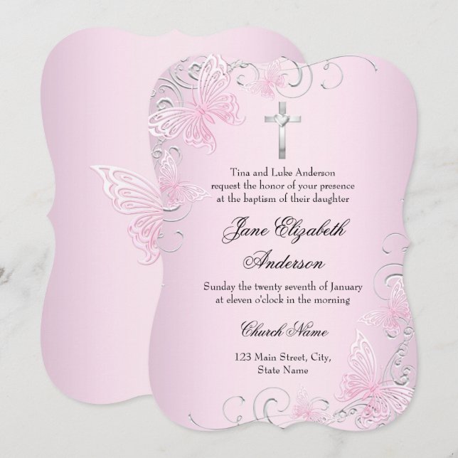 Rosa Swirl Butterfly & Kor Baptism-inbjudan Inbjudningar (Fram/baksida)