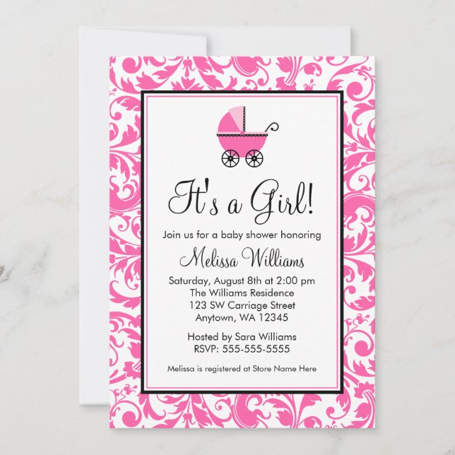 Rosa Swirl Damask Carriage Girl Baby Shower Inbjudningar (Framsida)