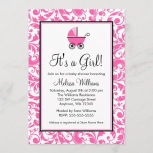 Rosa Swirl Damask Carriage Girl Baby Shower Inbjudningar