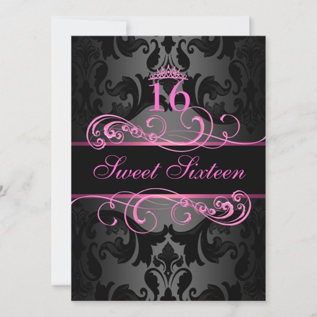 Rosa Swirl Damask Sweet16 Birthday Inbjudan (Framsida)