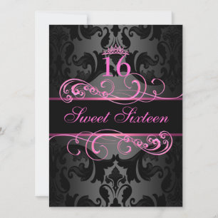 Rosa Swirl Damask Sweet16 Birthday Inbjudan
