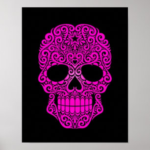 Rosa Swirling Sugar Skull på svart Poster