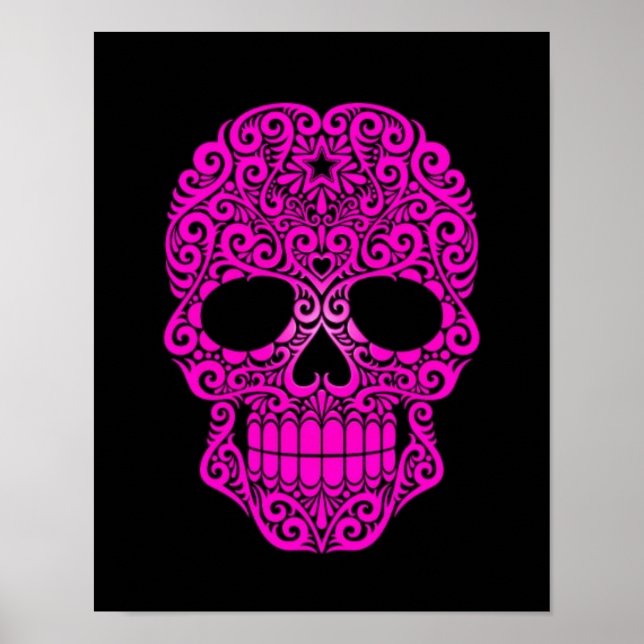 Rosa Swirling Sugar Skull på svart Poster (Framsidan)