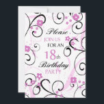 Rosa Swirls 18th Födelsedagsfest inbjudan Card<br><div class="desc">18:e födelsedagsfest inbjudan-kortet i elegant,  vitt och rosa blommönster,  delikat och snyggt med lekande snöre. Anpassade med dina uppgifter om party.</div>