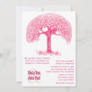 Rosa Swirly Rustic Träd Love Bird Woodland Bröllop Inbjudningar