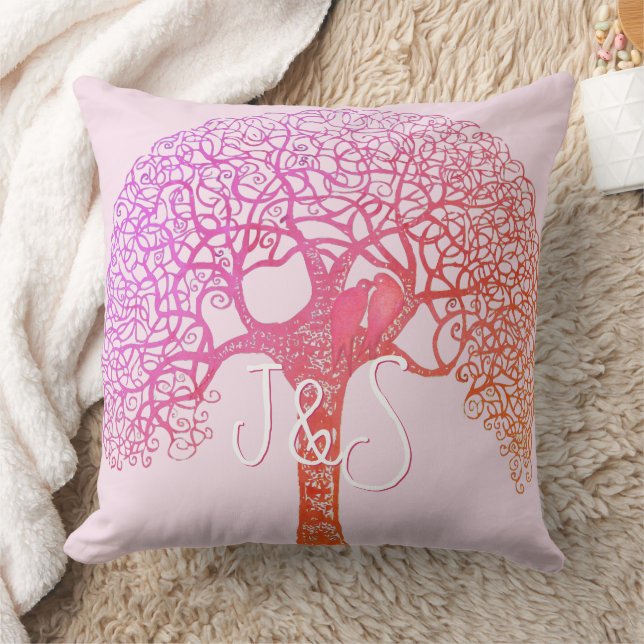 Rosa Swirly Träd Love Bird Välj valfri Färg Pillow Kudde (Filt)