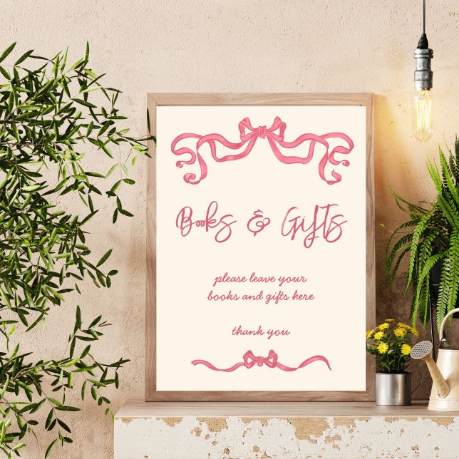 Rosa-symbolen för skiss av babyduschpresenter poster (Vintage Pink ribbon bow sketch baby shower books and gifts table sign personalized decor)