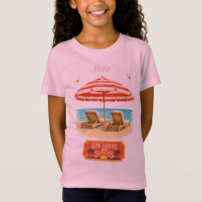 rosa t-shirts för barn med strand och solnedgångar (Framsida)