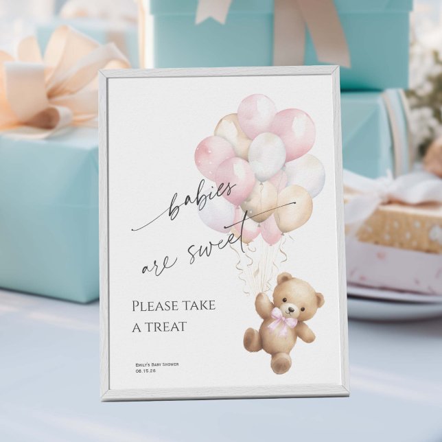 rosa Ta en Trettlig flicka Shower Barly wait Thari Poster (Pink Bearly wait, Baby Girl Shower Favor Sign.)
