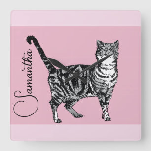 Rosa Tabby Katt Katter Rosa Flickor Namn Barnkamma Fyrkantig Klocka