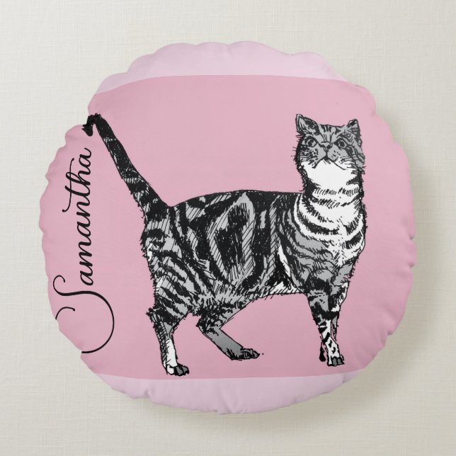 Rosa Tabby Katt Katter Rosa Flickor Namn Barnkamma Rund Kudde (Framsidan)