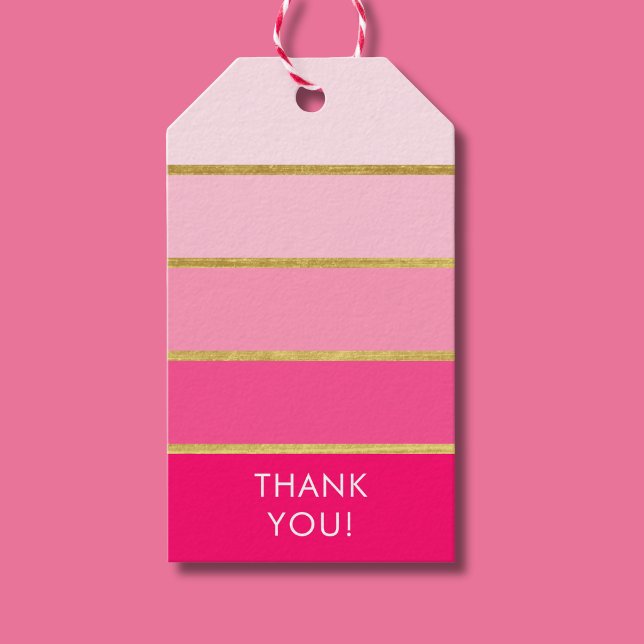 Rosa Tack Födelsedag Presentetikett (Pink and gold stripe thank you gift tag)