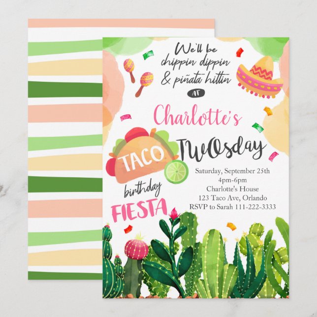 Rosa Taco Twosday Girls Birthday Fiesta Inbjudan (Fram/baksida)