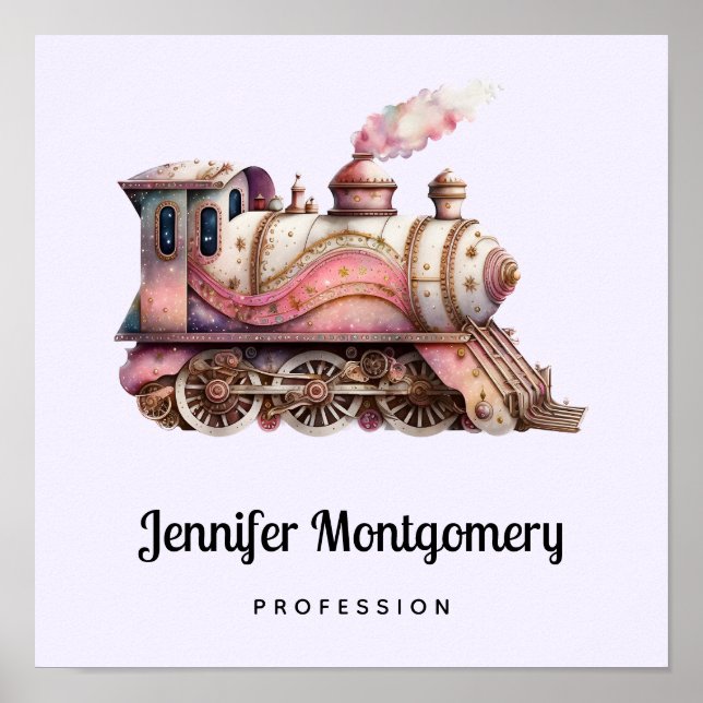 Rosa Tåg Engine Vintage Steampunk Stil Business Poster (Framsidan)