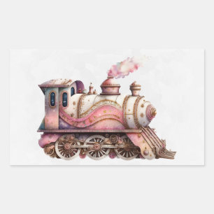 Rosa Tåg Engine Vintage Steampunk Stil Rektangulärt Klistermärke