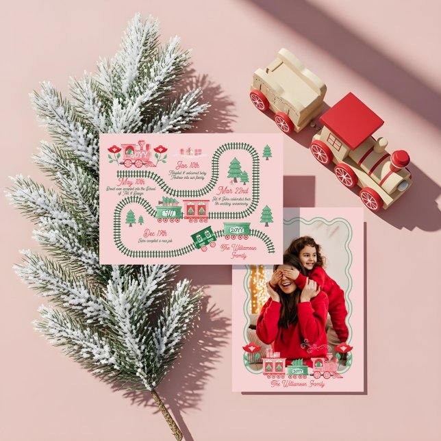 Rosa tåg julgran leverans foto årsslut julkort (Pink Train Christmas Tree Delivery Photo Year End Holiday Card)