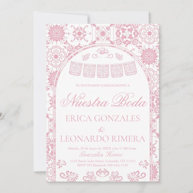 Rosa Talavera Papel Picado Spansk Bröllopsdekorati Inbjudningar (Framsida)