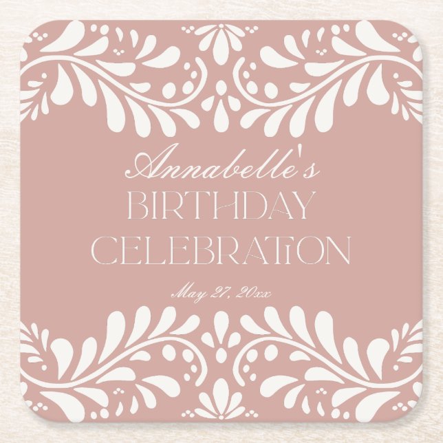 Rosa Talavera Tile Spain Fiesta Födelsedagsfest Underlägg Papper Kvadrat (Framsidan)