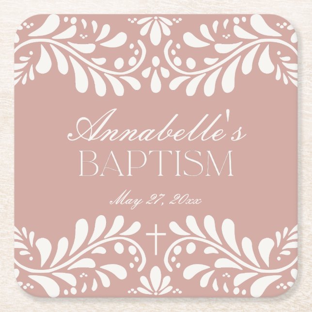 Rosa Talavera Tile Spanska fiesta Baptism Underlägg Papper Kvadrat (Framsidan)