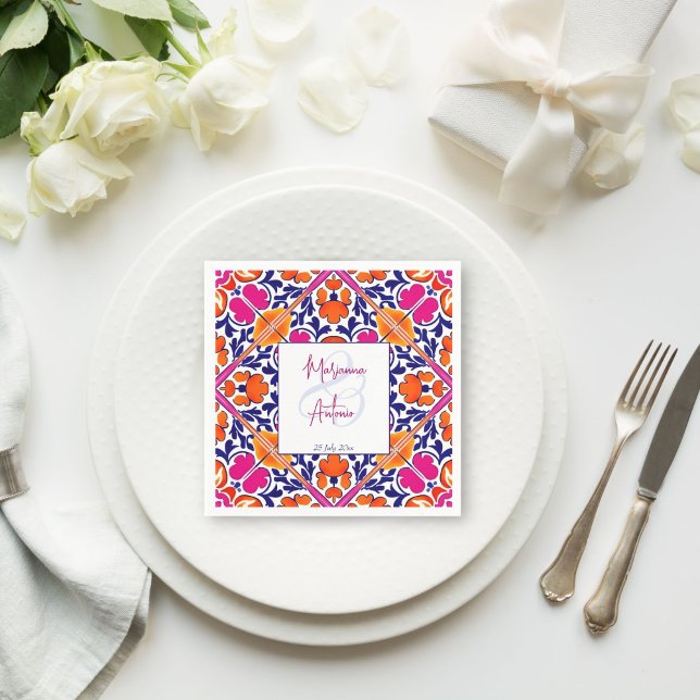 Rosa talavera vintage Mexikanska bröllop monogram Pappersservett (Pink talavera vintage Mexican wedding monogram printed Napkins personalized decor bride groom names)