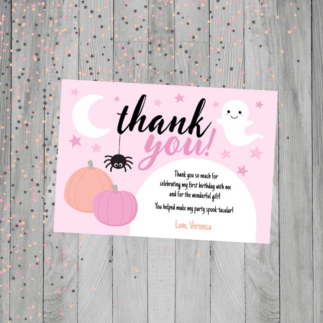 Rosa Taloky ett första födelsedag Tack Kort (Pink Halloween Thank You Card)