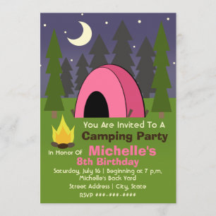 Rosa Tält Camping Födelsedagsfest inbjudan