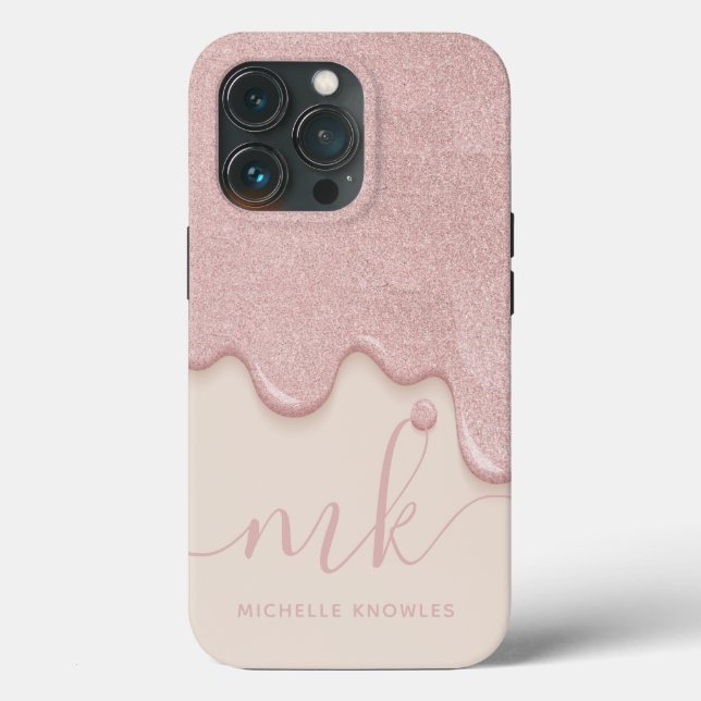 Rosa Tan Glitter Dropp Monogram och Namn (Baksida )