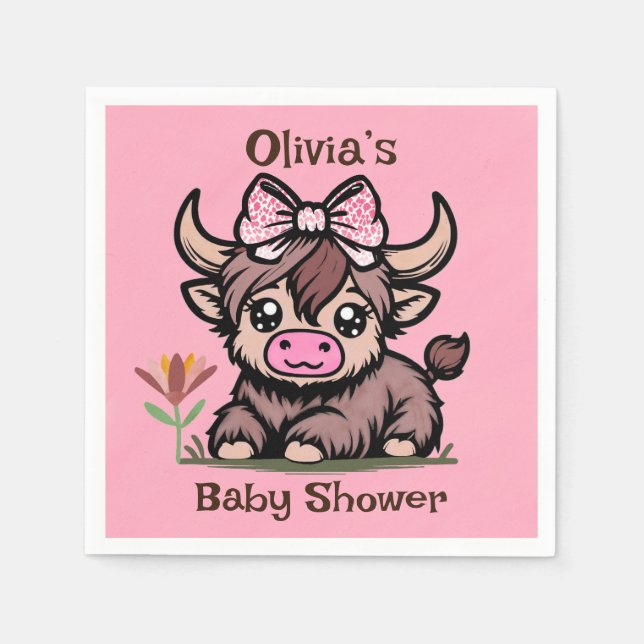 Rosa Tan Highland Cow Baby Shower Pappersservett (Framsidan)