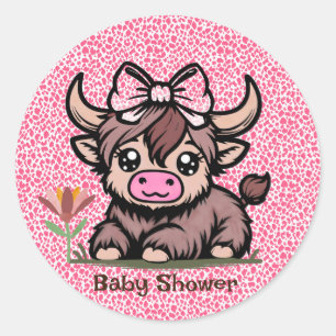 Rosa Tan Highland Cow Baby Shower Runt Klistermärke