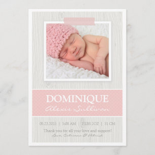 Rosa Tape on Wood Grain Photo Birth Notice Meddelande