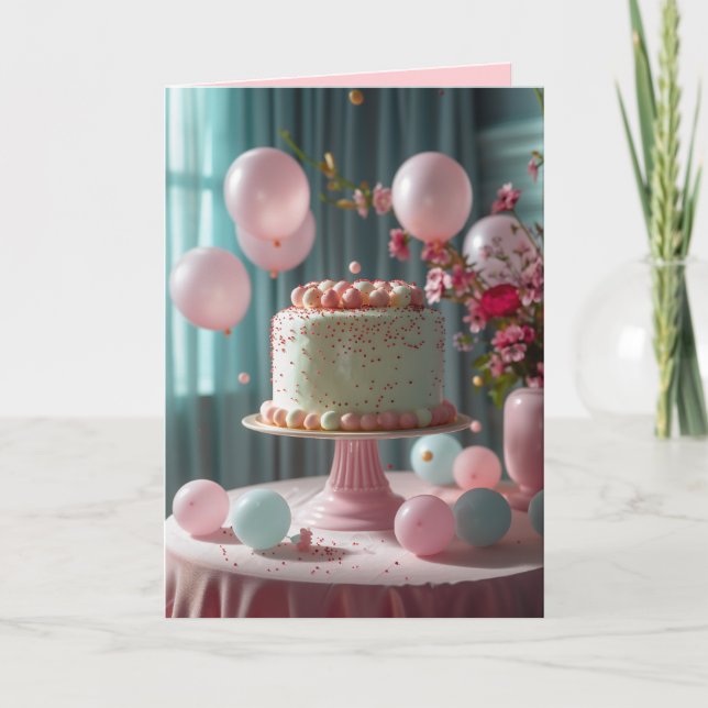 Rosa tårta och ballonger inbjudan (Framsida)