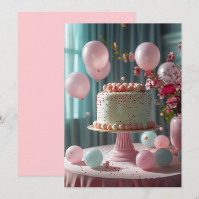 Rosa tårta och ballonger inbjudningar (Fram/baksida)
