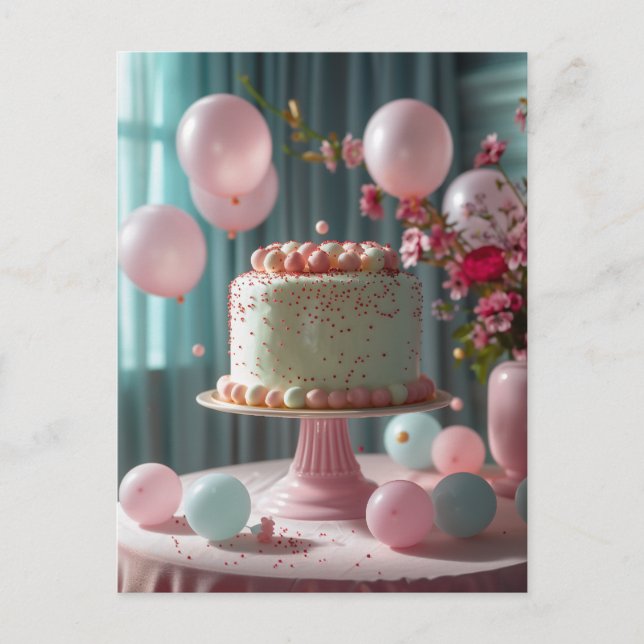Rosa Tårta Och Ballonger Vykort (Framsida)