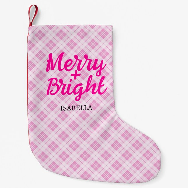 Rosa tartan jul Merry Bright Custom Name Liten Julstrumpa (Framsidan)