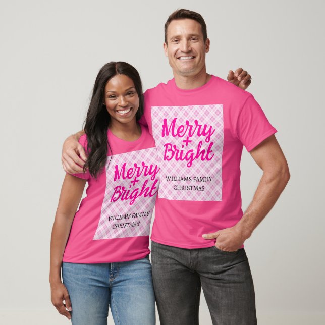 Rosa tartan jul Merry Bright Family namn T Shirt (Unisex)