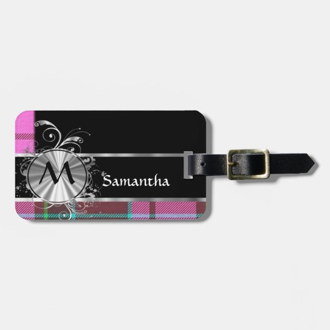 Rosa tartan- och silvermonogram bagagebricka (Horisontell Framsida)