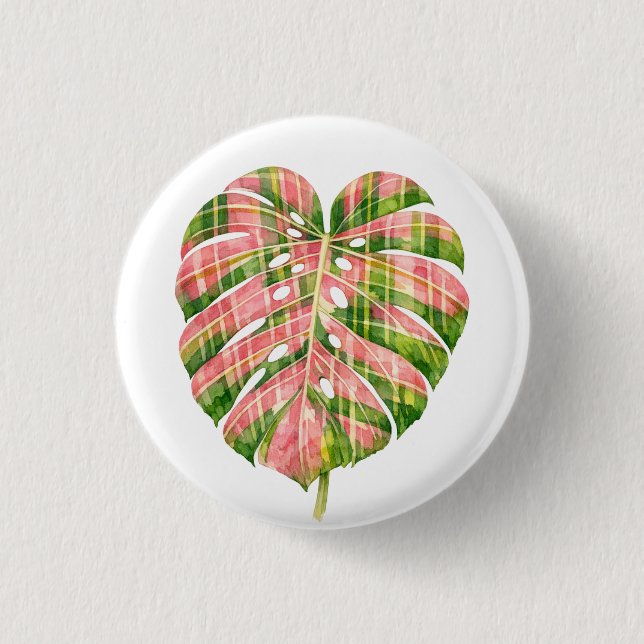 Rosa Tartan Skotsk Monstera Akvarell Botanisk Knapp (Framsida)