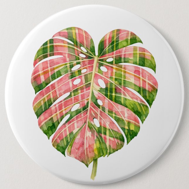 Rosa Tartan Skotsk Monstera Akvarell Botanisk Knapp (Framsida)