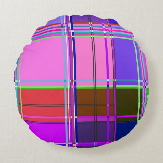 Rosa tartan tygmönsterduk Madras Rund Kudde (Framsidan)