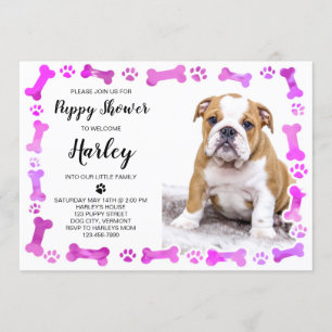 Rosa Tass avtryck Bones New Pet Hund Puppy Shower Inbjudningar
