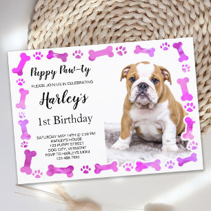 Rosa Tass avtryck Bones Puppy Hund Birthday Inbjudningar